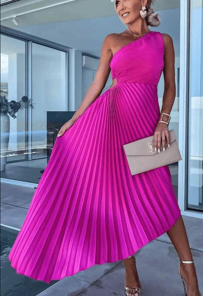 Elegant Pleated Midi Dress for Women with One Shoulder Long Sleeve Flowy Formal Wedding Guest Style