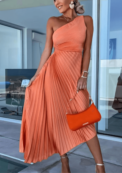 Elegant Pleated Midi Dress for Women with One Shoulder Long Sleeve Flowy Formal Wedding Guest Style