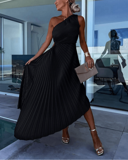 Elegant Pleated Midi Dress for Women with One Shoulder Long Sleeve Flowy Formal Wedding Guest Style