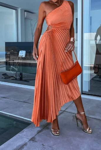 Elegant Pleated Midi Dress for Women with One Shoulder Long Sleeve Flowy Formal Wedding Guest Style