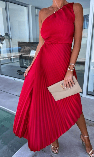 Elegant Pleated Midi Dress for Women with One Shoulder Long Sleeve Flowy Formal Wedding Guest Style