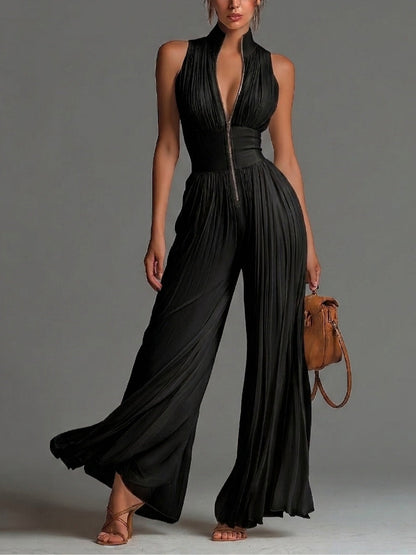 Effortless Black Jumpsuit for Women with Plunge Halter Neck Sleeveless Wide Leg Palazzo Style