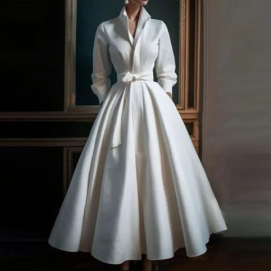 Elegant White Satin Maxi Dress for Women with Collared Bodice Full Skirt Formal Wedding Guest Style