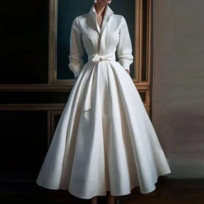 Elegant White Satin Maxi Dress for Women with Collared Bodice Full Skirt Formal Wedding Guest Style