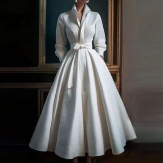 Elegant White Satin Maxi Dress for Women with Collared Bodice Full Skirt Formal Wedding Guest Style