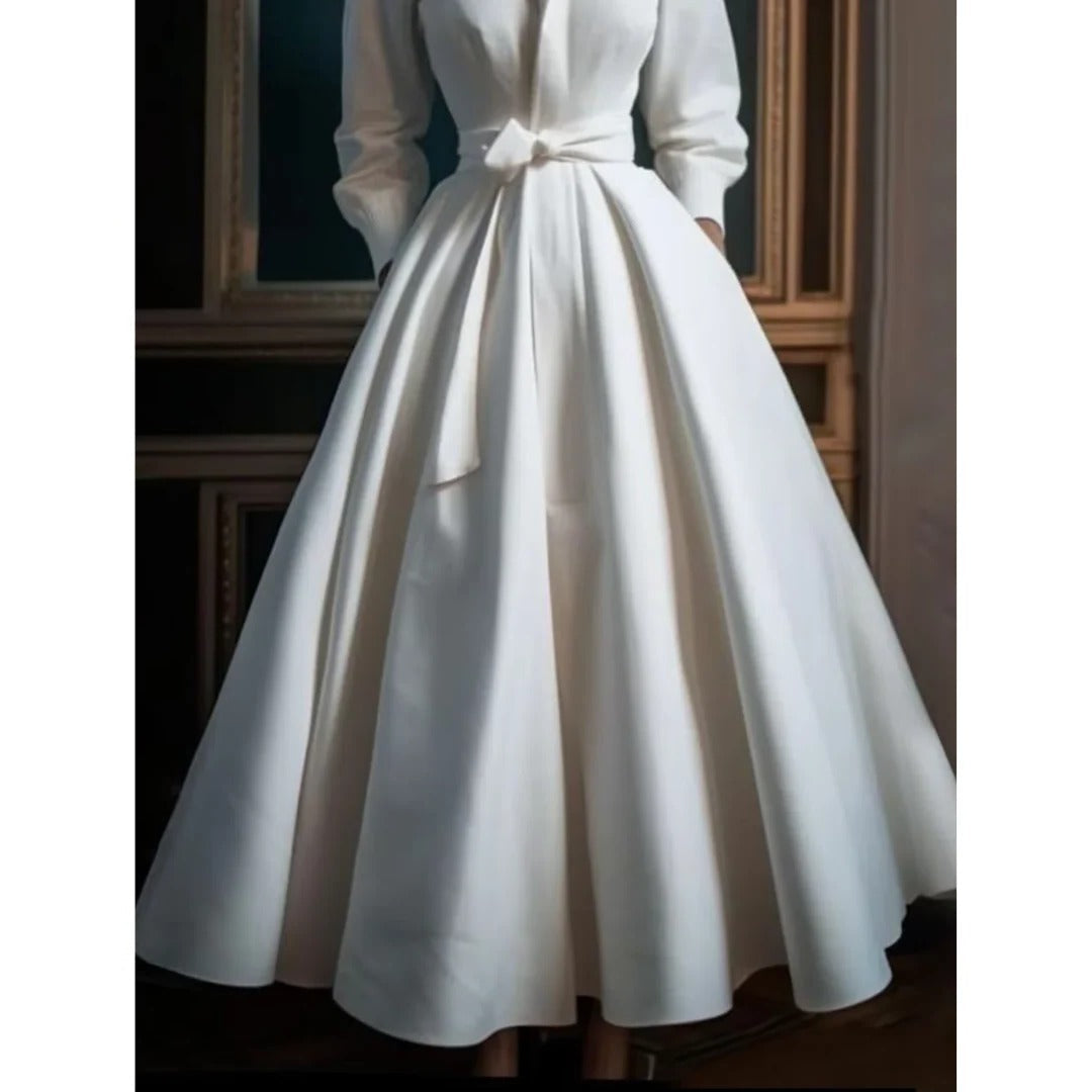 Elegant White Satin Maxi Dress for Women with Collared Bodice Full Skirt Formal Wedding Guest Style