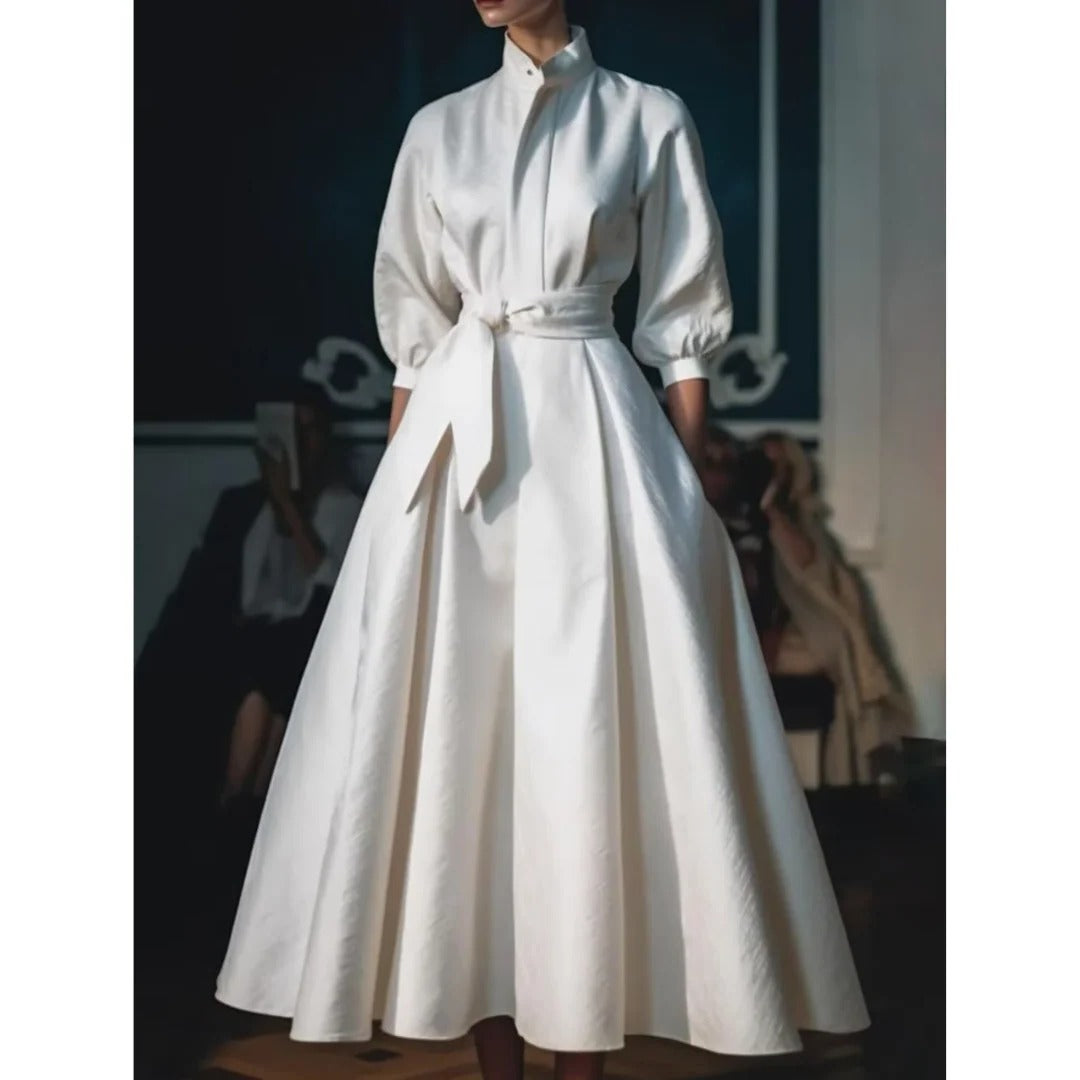Elegant White Satin Maxi Dress for Women with Collared Bodice Full Skirt Formal Wedding Guest Style