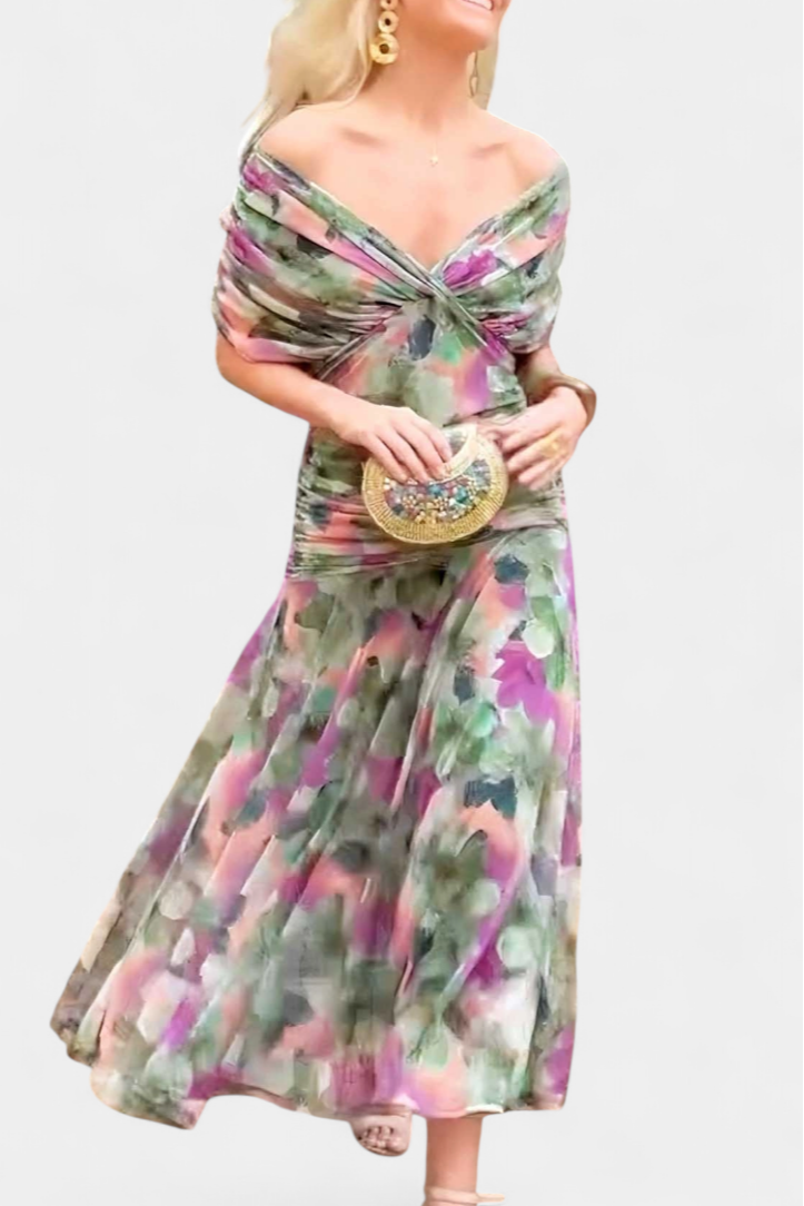 Elegant Floral Maxi Dress for Women with Off Shoulder Draped Sleeve Mermaid Hem Formal Wedding Guest Style