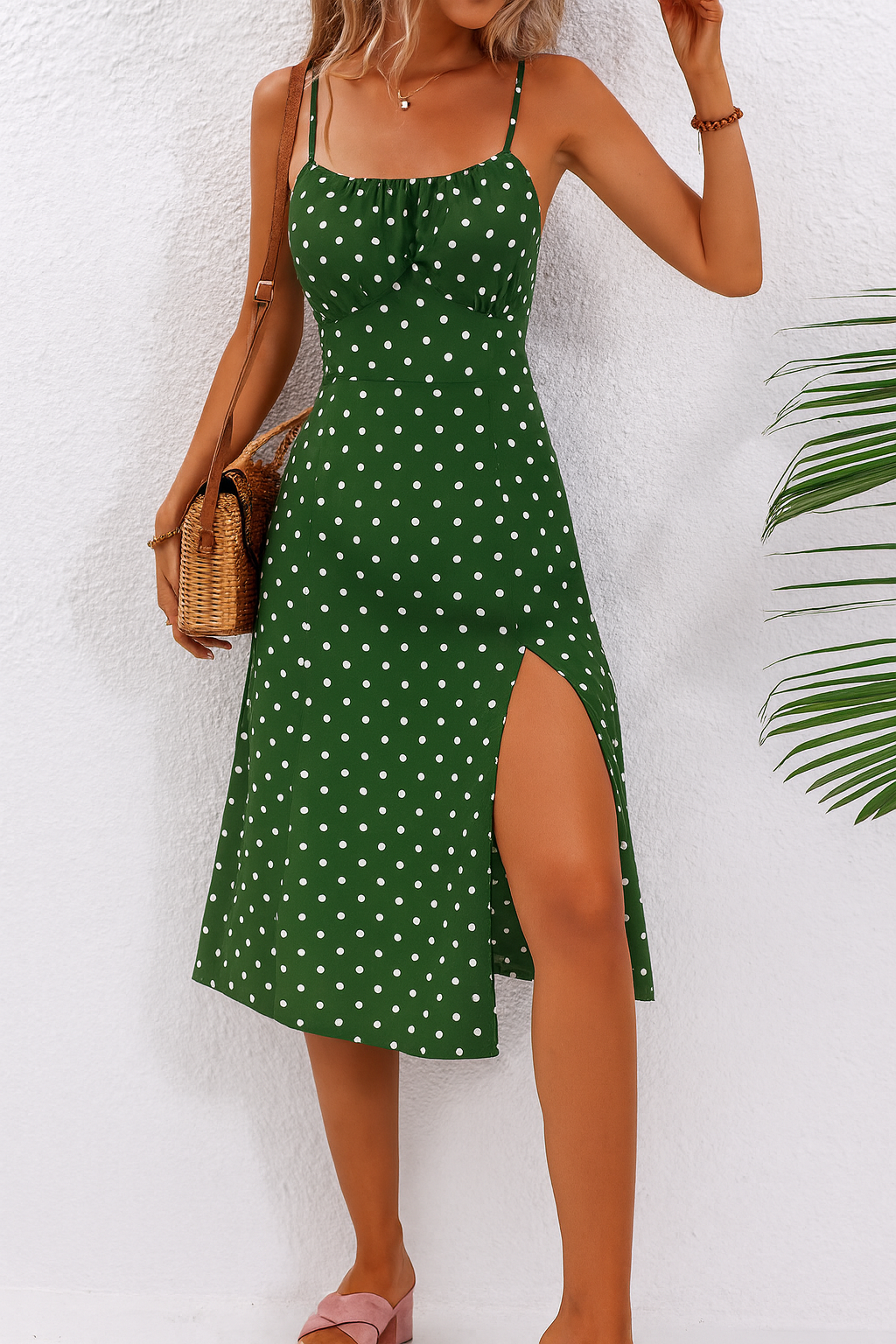 Effortless Polka Dot Midi Dress for Women with Scoop Neck Sleeveless Side Slit Bodycon Style