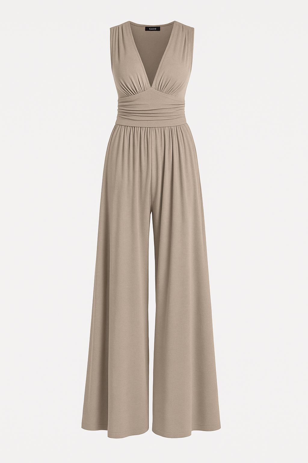 Elegant Ribbed Wide Leg Jumpsuit for Women with V Neck Sleeveless Ruched Waist Flowing Style