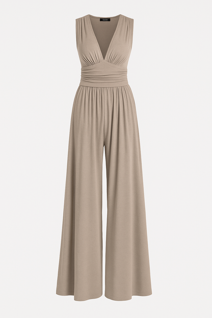 Elegant Ribbed Wide Leg Jumpsuit for Women with V Neck Sleeveless Ruched Waist Flowing Style