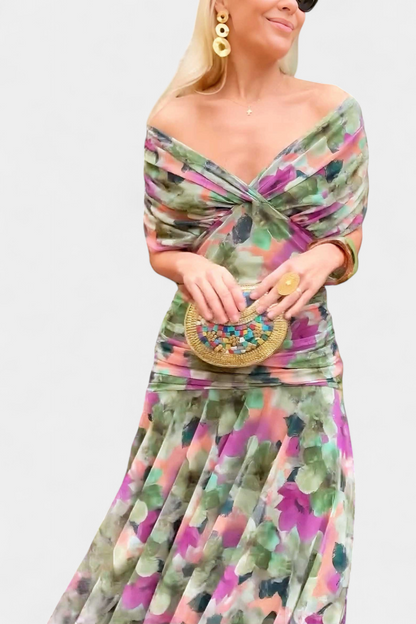 Elegant Floral Maxi Dress for Women with Off Shoulder Draped Sleeve Mermaid Hem Formal Wedding Guest Style
