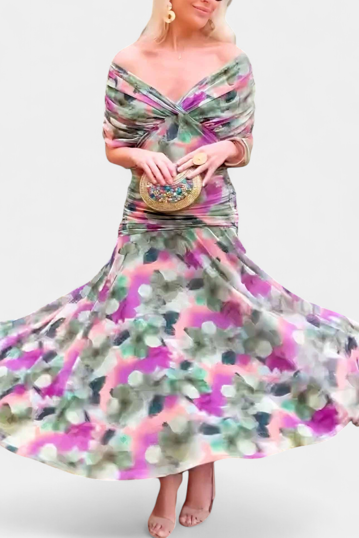 Elegant Floral Maxi Dress for Women with Off Shoulder Draped Sleeve Mermaid Hem Formal Wedding Guest Style
