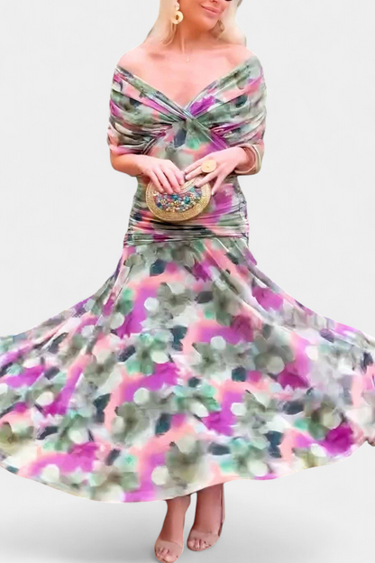 Elegant Floral Maxi Dress for Women with Off Shoulder Draped Sleeve Mermaid Hem Formal Wedding Guest Style