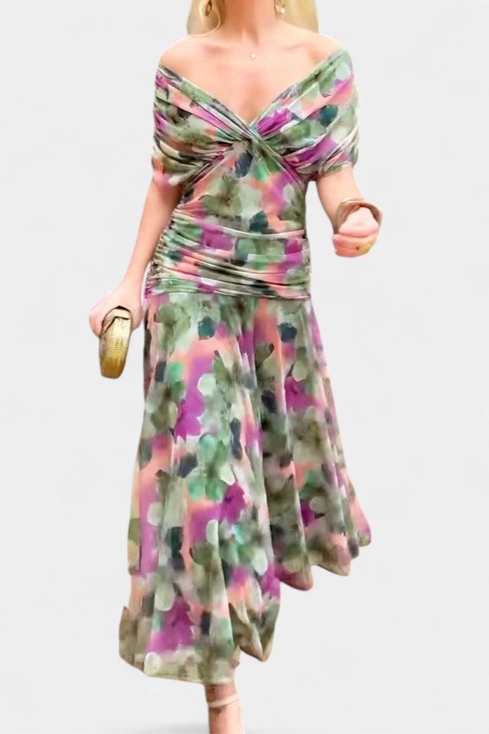 Elegant Floral Maxi Dress for Women with Off Shoulder Draped Sleeve Mermaid Hem Formal Wedding Guest Style