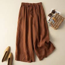 Effortless Linen Wide Leg Pants for Women with Elastic Waist Cropped Flowing Casual Style