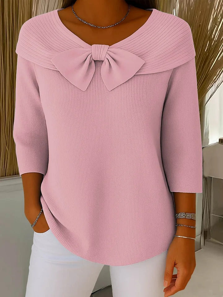 Comfortable Ribbed Knit Sweater for Women with Bow Neck Elbow Sleeve Foldover Collar Relaxed Style