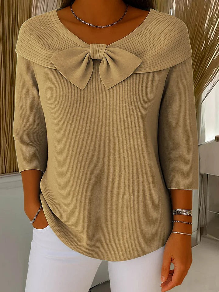 Comfortable Ribbed Knit Sweater for Women with Bow Neck Elbow Sleeve Foldover Collar Relaxed Style