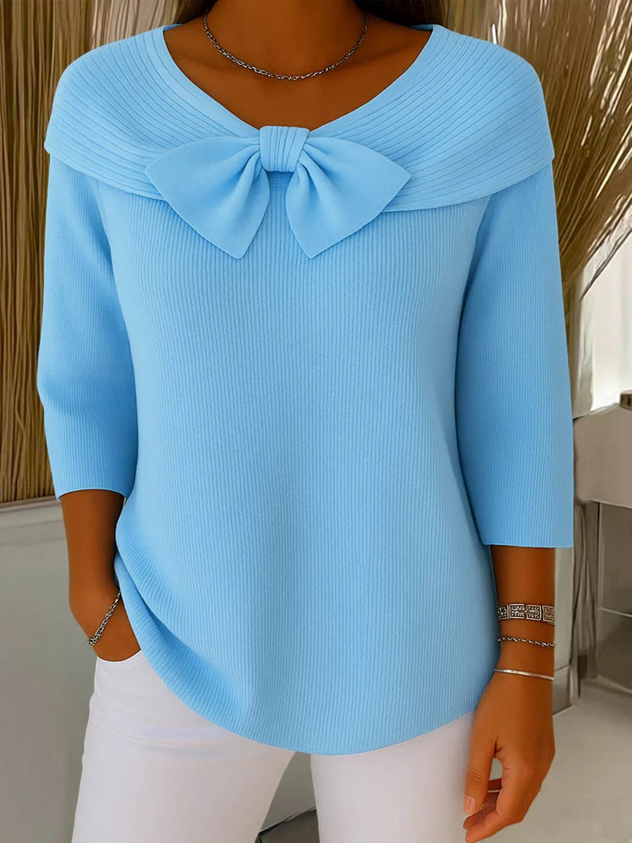 Comfortable Ribbed Knit Sweater for Women with Bow Neck Elbow Sleeve Foldover Collar Relaxed Style