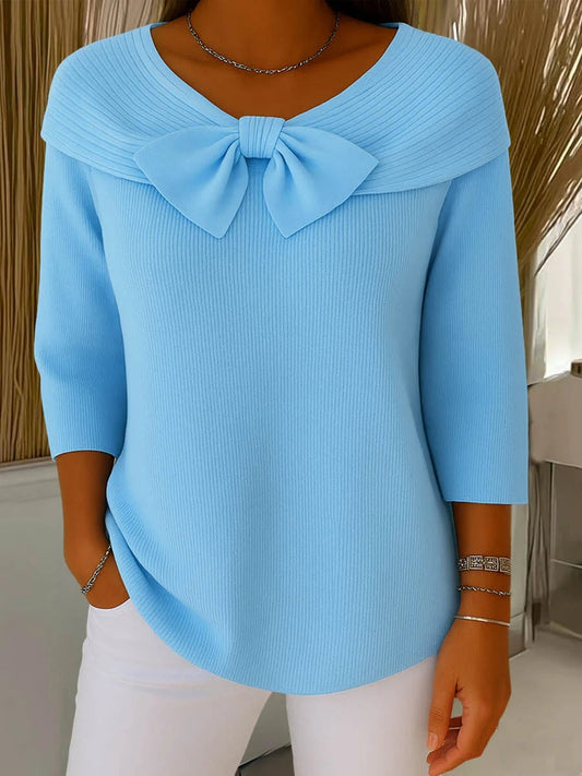 Comfortable Ribbed Knit Sweater for Women with Bow Neck Elbow Sleeve Foldover Collar Relaxed Style