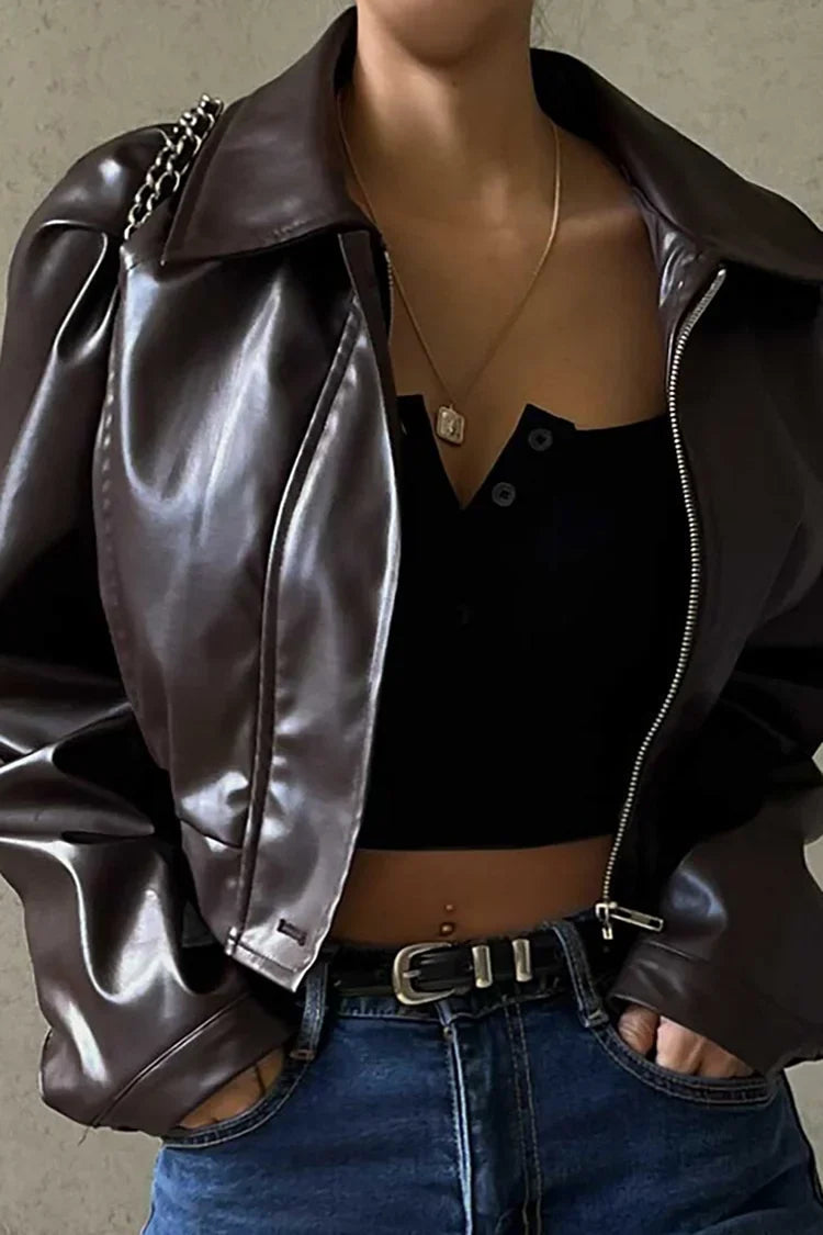 Elegant Brown Faux Leather Cropped Jacket for Women with Collar Long Sleeve Zip Front Biker Style