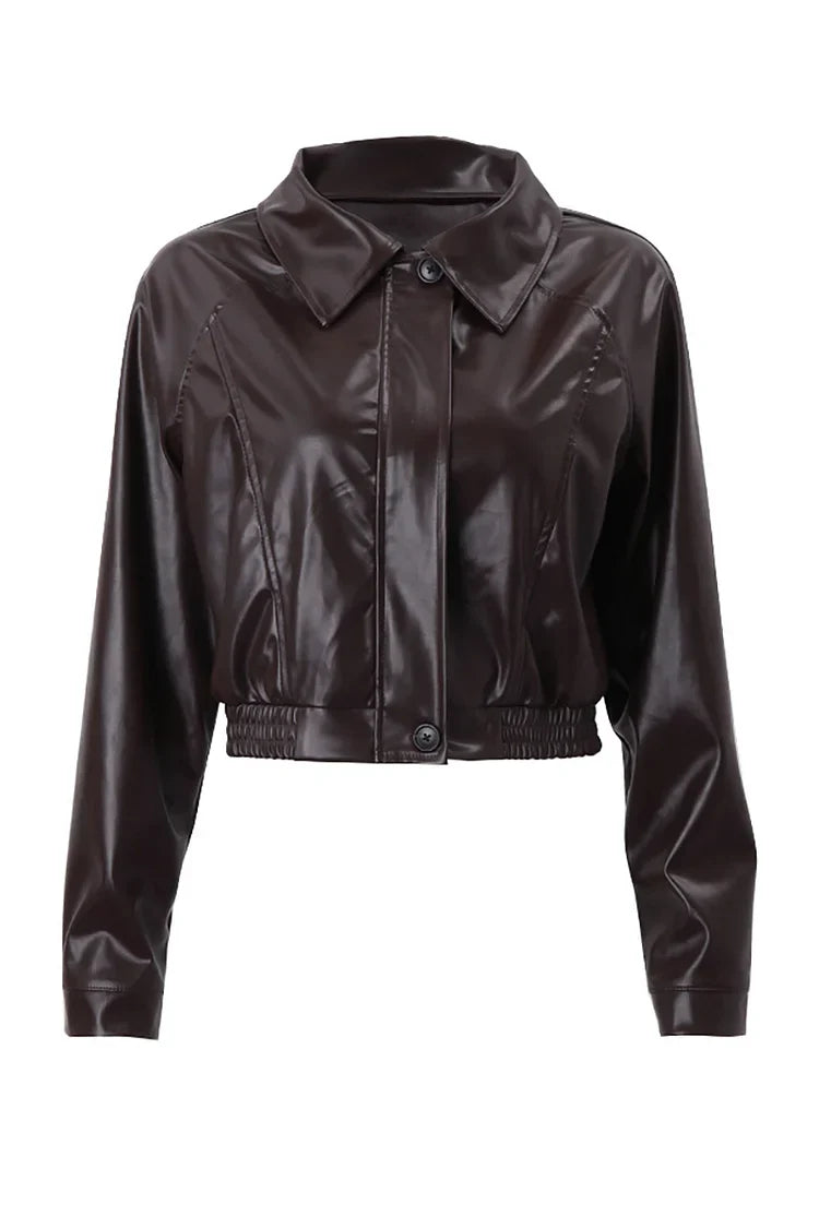 Elegant Brown Faux Leather Cropped Jacket for Women with Collar Long Sleeve Zip Front Biker Style