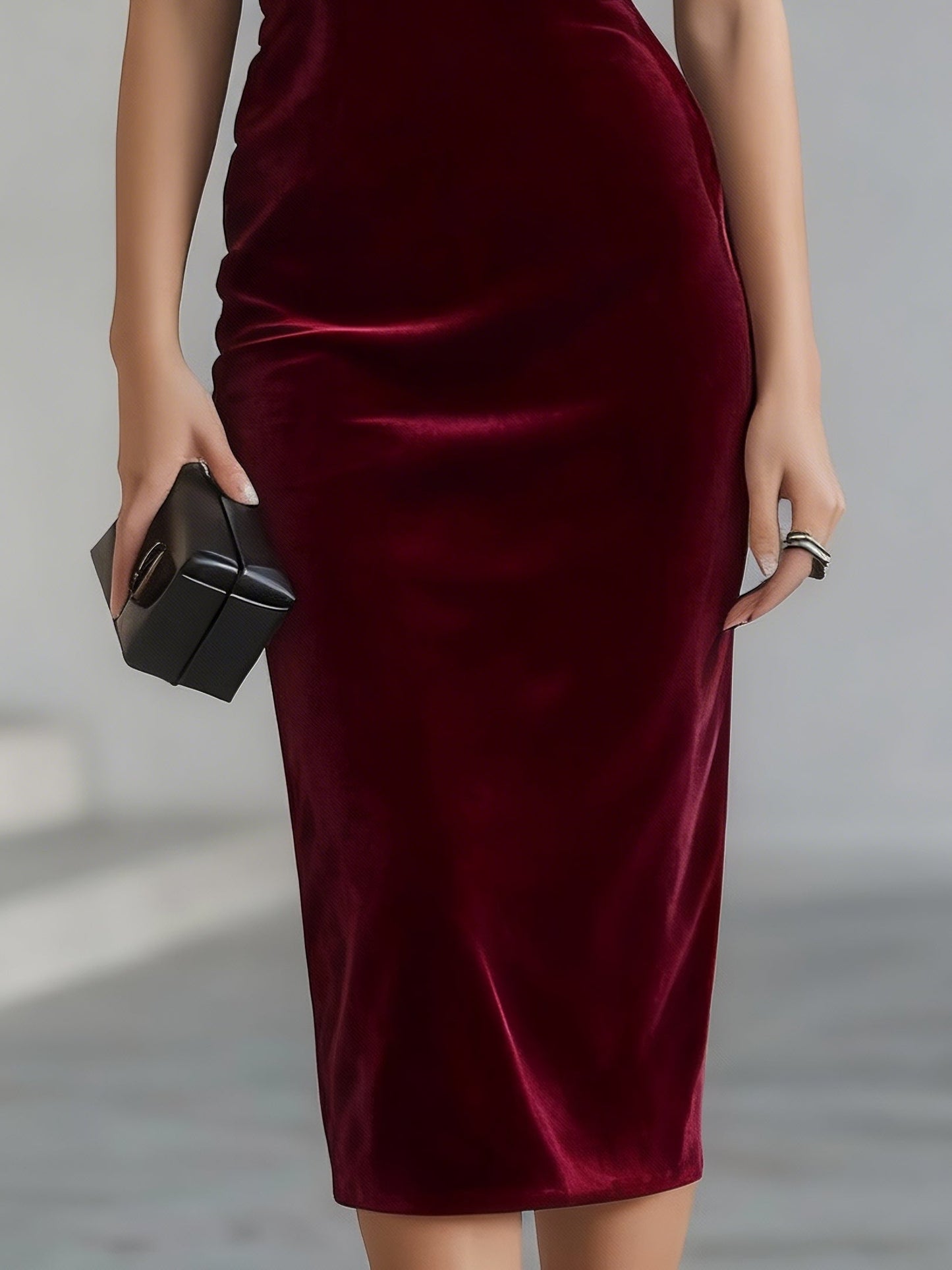 Elegant Burgundy Velvet Midi Dress for Women with Off Shoulder Sheer Neckline Fitted Formal Wedding Guest Style