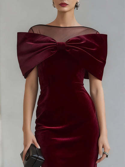 Elegant Burgundy Velvet Midi Dress for Women with Off Shoulder Sheer Neckline Fitted Formal Wedding Guest Style