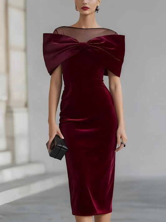 Elegant Burgundy Velvet Midi Dress for Women with Off Shoulder Sheer Neckline Fitted Formal Wedding Guest Style