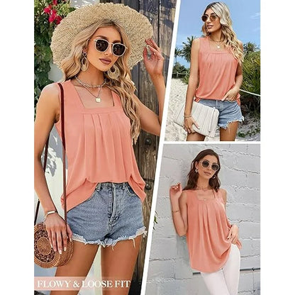 Effortless Pleated Tank Top for Women with Square Neck Sleeveless Relaxed Flowing Casual Style
