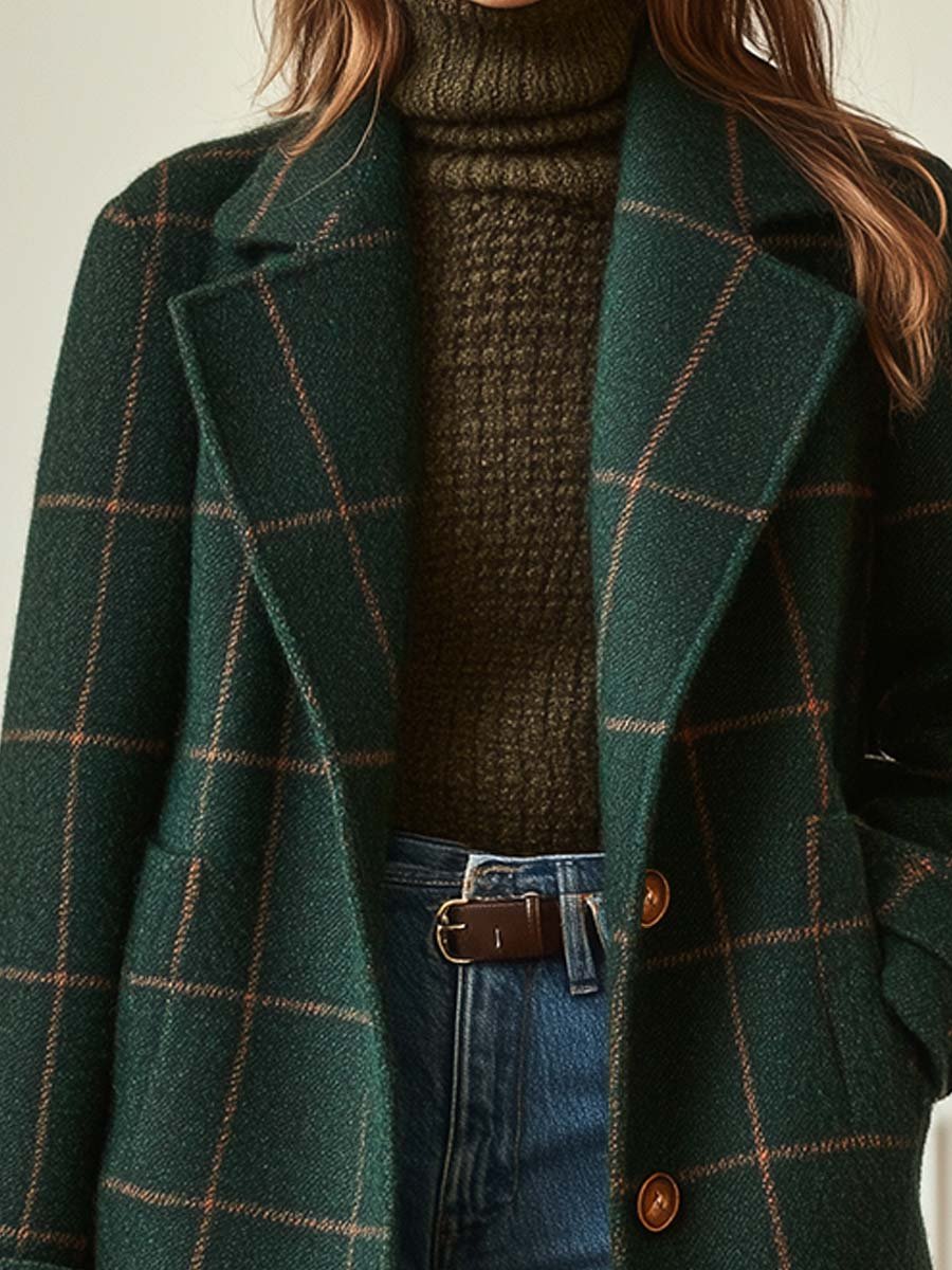 Elegant Plaid Wool Coat for Women with Notch Lapel Long Sleeve Button Front Relaxed Style