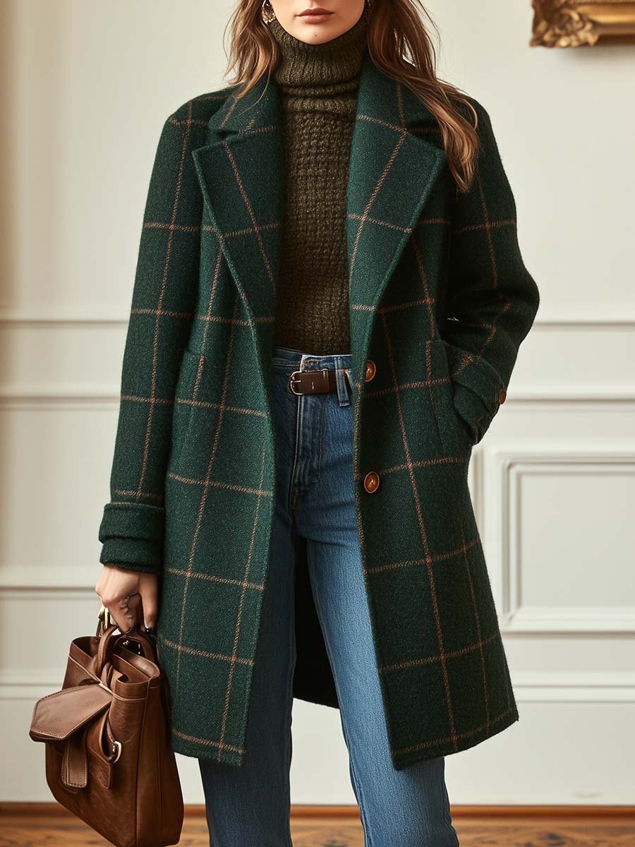 Elegant Plaid Wool Coat for Women with Notch Lapel Long Sleeve Button Front Relaxed Style