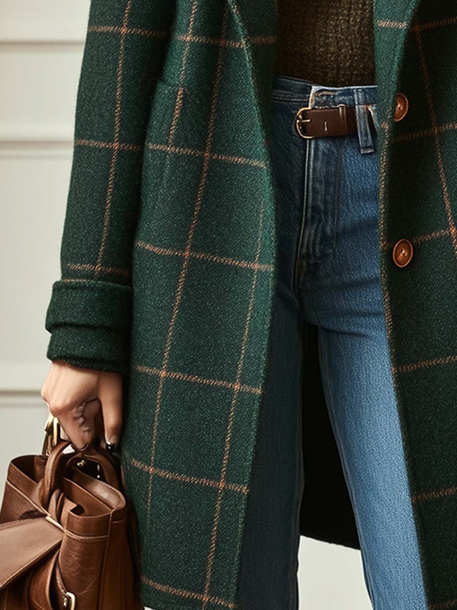 Elegant Plaid Wool Coat for Women with Notch Lapel Long Sleeve Button Front Relaxed Style