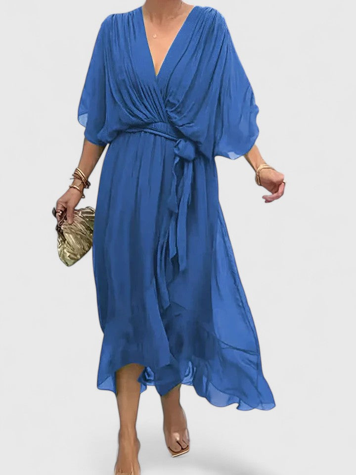 Elegant Maxi Dress for Women with V Neck Batwing Sleeve Wrap Waist Formal Wedding Guest Style