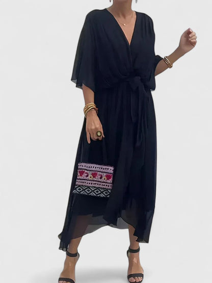 Elegant Maxi Dress for Women with V Neck Batwing Sleeve Wrap Waist Formal Wedding Guest Style