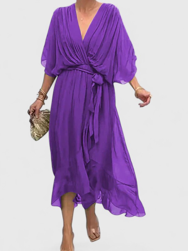 Elegant Maxi Dress for Women with V Neck Batwing Sleeve Wrap Waist Formal Wedding Guest Style