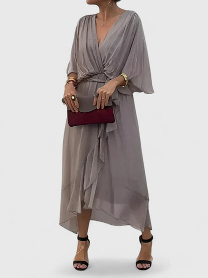 Elegant Maxi Dress for Women with V Neck Batwing Sleeve Wrap Waist Formal Wedding Guest Style