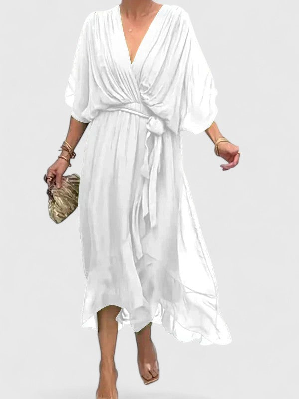 Elegant Maxi Dress for Women with V Neck Batwing Sleeve Wrap Waist Formal Wedding Guest Style