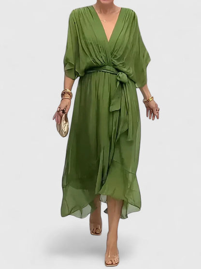 Elegant Maxi Dress for Women with V Neck Batwing Sleeve Wrap Waist Formal Wedding Guest Style