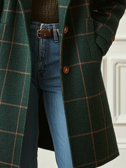 Elegant Plaid Wool Coat for Women with Notch Lapel Long Sleeve Button Front Relaxed Style