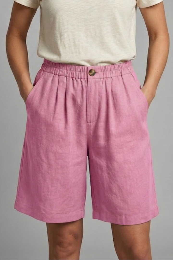 Effortless Linen Bermuda Shorts for Women with Elastic Waist Button Front Relaxed Casual Style