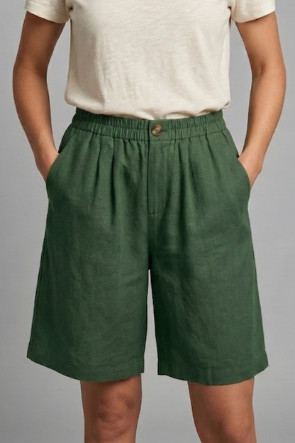 Effortless Linen Bermuda Shorts for Women with Elastic Waist Button Front Relaxed Casual Style