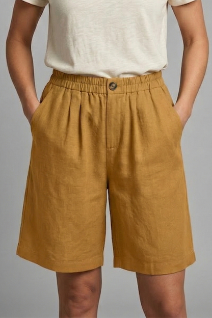Effortless Linen Bermuda Shorts for Women with Elastic Waist Button Front Relaxed Casual Style