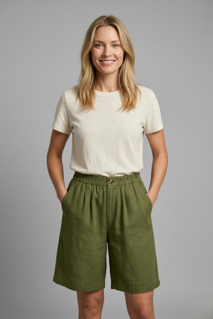 Effortless Linen Bermuda Shorts for Women with Elastic Waist Button Front Relaxed Casual Style