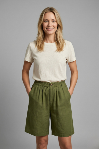 Effortless Linen Bermuda Shorts for Women with Elastic Waist Button Front Relaxed Casual Style