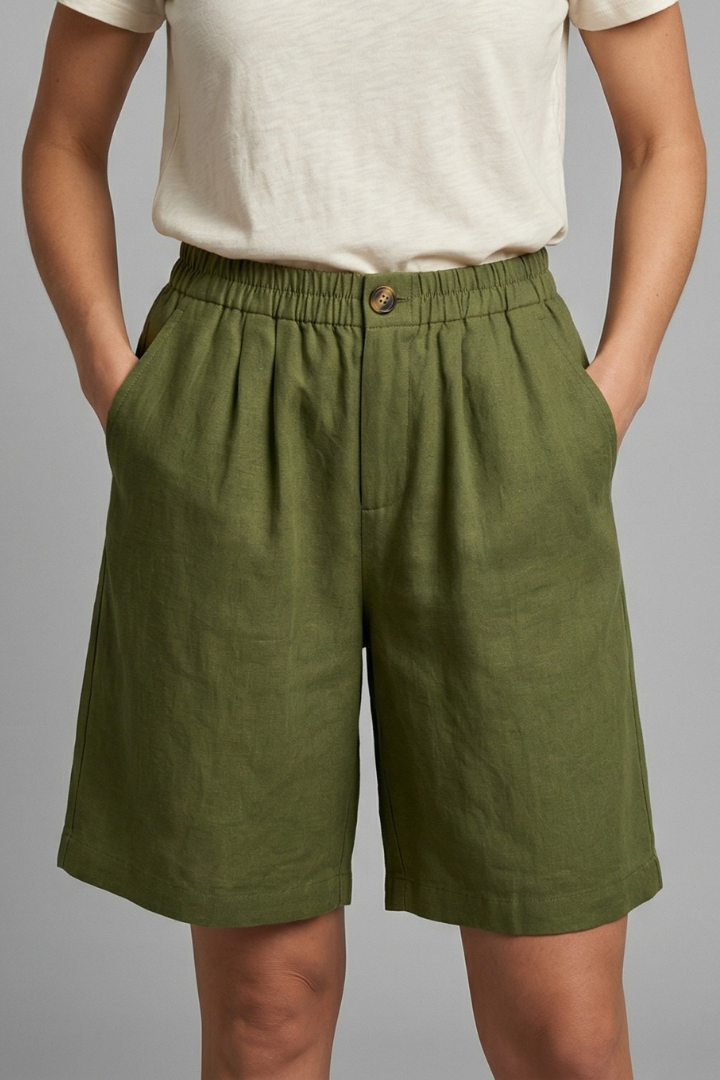 Effortless Linen Bermuda Shorts for Women with Elastic Waist Button Front Relaxed Casual Style
