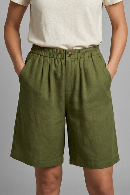 Effortless Linen Bermuda Shorts for Women with Elastic Waist Button Front Relaxed Casual Style