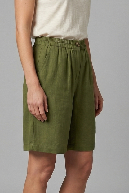 Effortless Linen Bermuda Shorts for Women with Elastic Waist Button Front Relaxed Casual Style