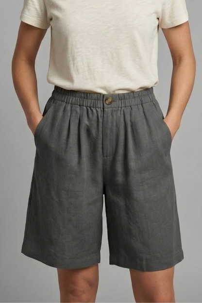 Effortless Linen Bermuda Shorts for Women with Elastic Waist Button Front Relaxed Casual Style