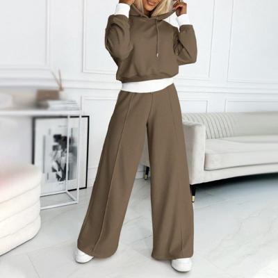Comfortable Fleece Wide Leg Set for Women with Hooded Long Sleeve Cropped Relaxed Two Piece Style